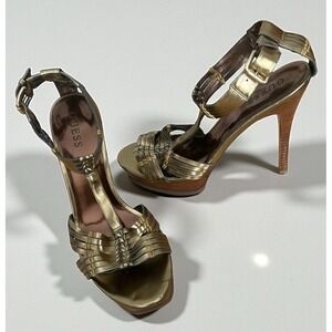 Guess Gold Open Toe Strappy Gladiator Platform Spike 5" Stiletto Heels Size 9M